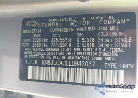 2014 Hyundai Tucson Limited from USA, damaged, VIN KM8JUCAG6EU942037